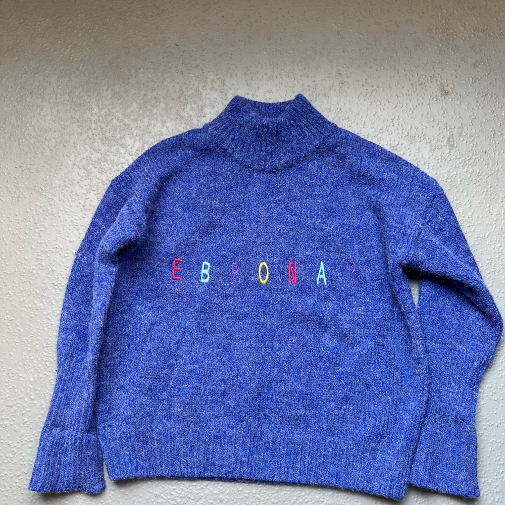 Cozy‎ Knit Sweater Mock Neck Pullover Colorful Letters Blue Casual